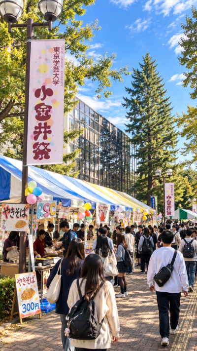 東京都小金井市の東京学芸大学で小金井祭が開催され、学生による模擬店やステージ、子ども向け企画などを多くの来場者が楽しむ秋の大学祭の風景