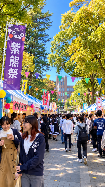 福岡県福岡市西区の九州大学伊都キャンパスで第79回九大祭が開催され、学生による模擬店やステージ、展示、体験企画などが並び、多くの来場者で賑わう秋の大学祭の風景