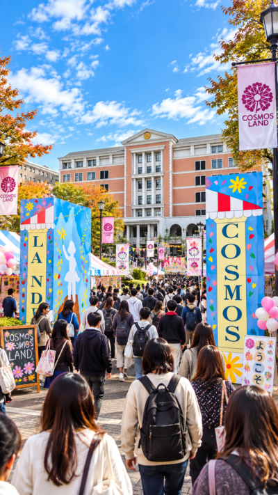 東京都町田市の玉川大学でコスモス祭が開催され、学部展や農学部収穫祭、テクノフェスタ、学生団体の企画などを多くの来場者が楽しむ秋の大学祭の風景