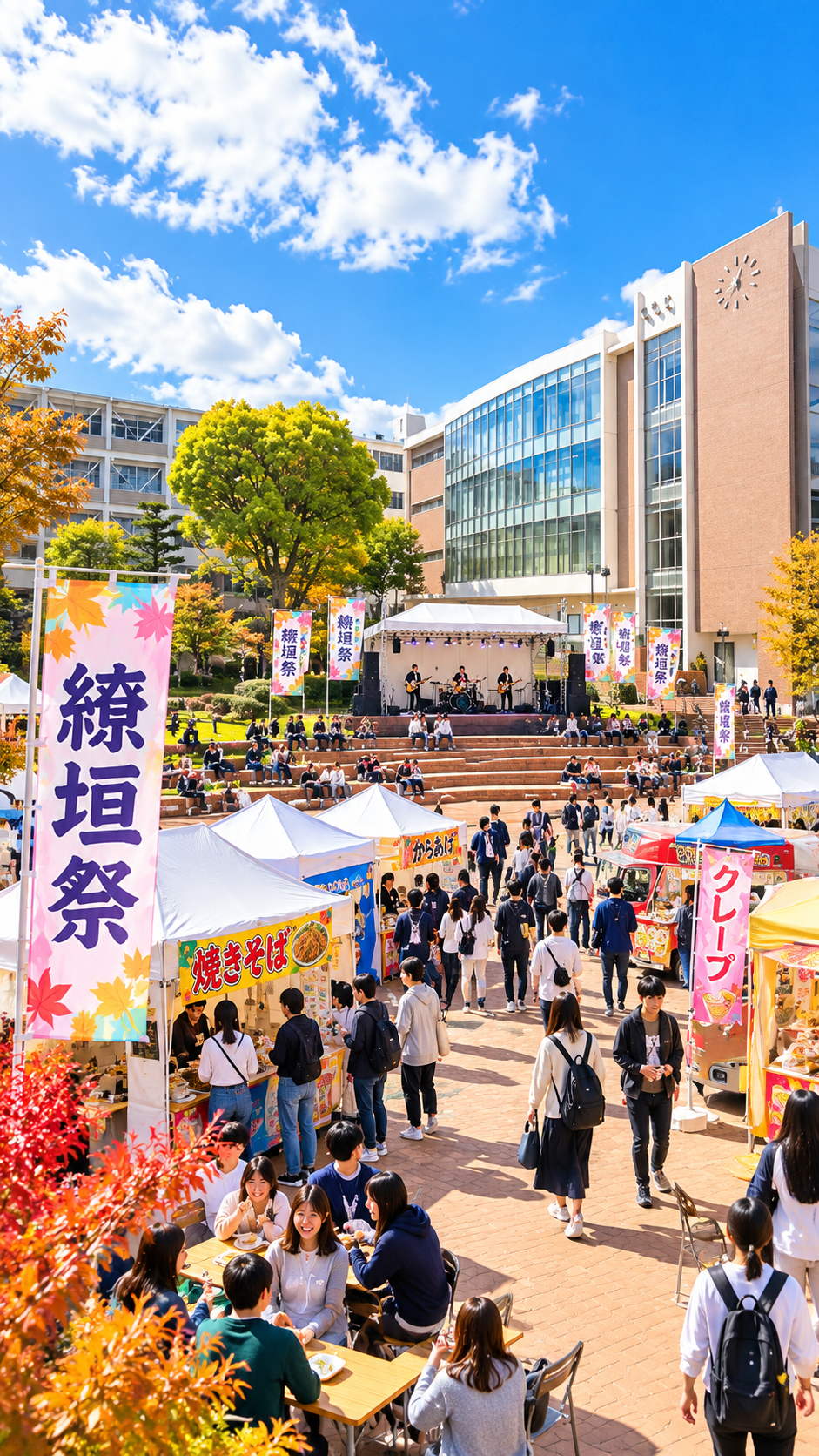 大分県別府市の別府大学石垣キャンパスで石垣祭が開催され、学生によるステージや模擬店、キッチンカー、展示などが並び、多くの来場者で賑わう秋の大学祭の風景