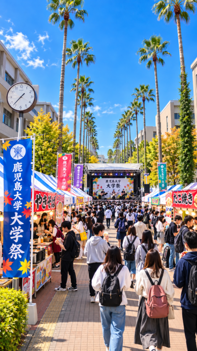 鹿児島県鹿児島市の鹿児島大学郡元キャンパスで第65回鹿児島大学大学祭が開催され、学生による模擬店や野外ステージ、展示、学部企画などが行われ、多くの来場者で賑わう秋の大学祭の風景