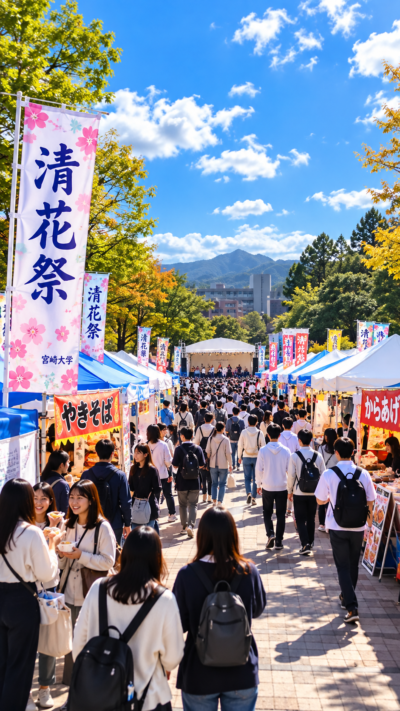 宮崎県宮崎市の宮崎大学で清花祭が開催され、学生によるステージや模擬店、キッチンカー、展示などが並び、多くの来場者で賑わう秋の大学祭の風景