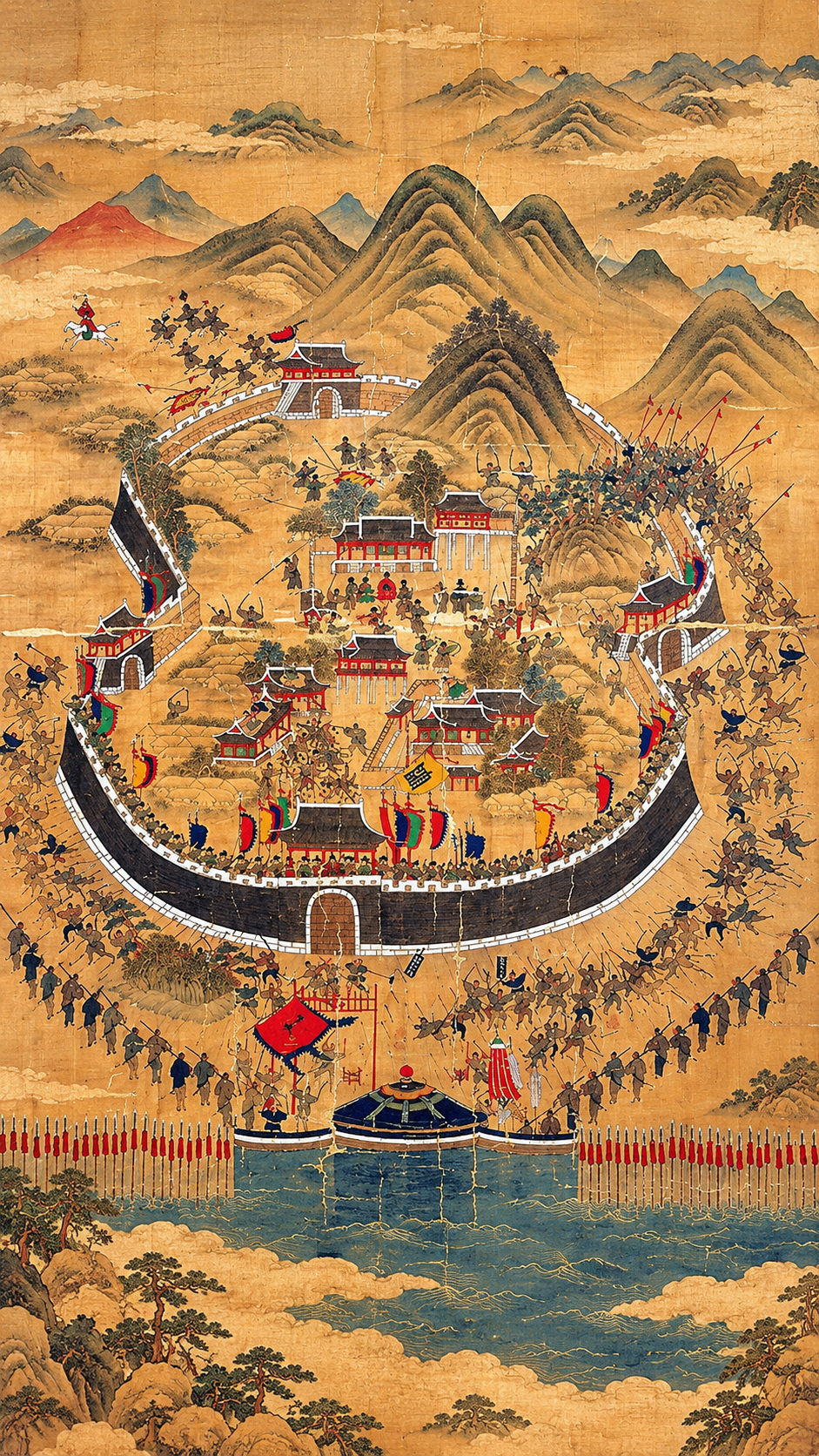 1597年から1598年の慶長の役で、朝鮮半島の城をめぐって豊臣軍と朝鮮・明連合軍が激突する大規模な合戦図
