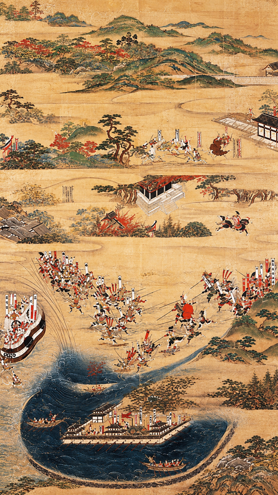 1585年の太田城の戦いで、豊臣軍が太田城を包囲し、城の周囲を水で満たして攻める水攻めの合戦図
