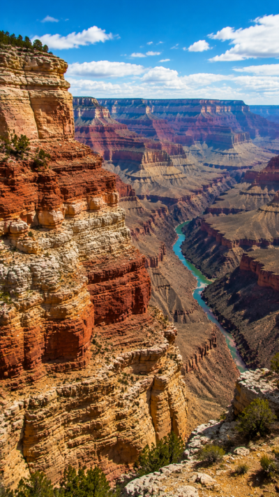 アメリカのグランドキャニオンに広がる赤い岩壁と数億年の歴史を刻む地層の風景