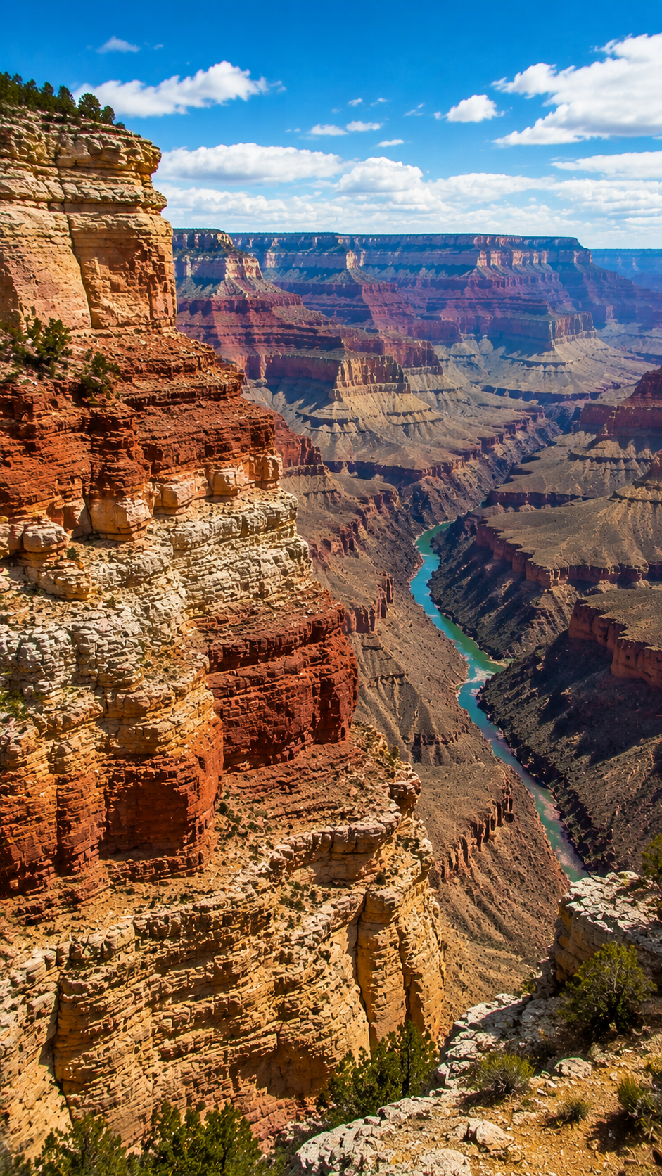 アメリカのグランドキャニオンに広がる赤い岩壁と数億年の歴史を刻む地層の風景