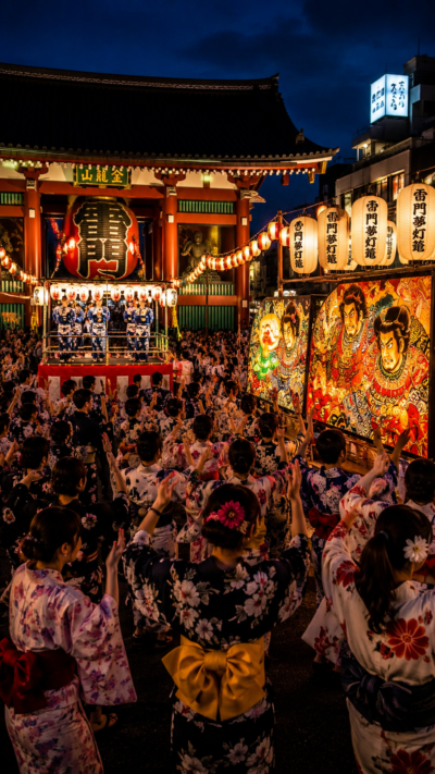 東京都台東区の浅草雷門前で雷門盆踊り～夢灯篭～が開催され、浴衣姿の大勢の参加者が提灯や絵どうろうに囲まれて盆踊りを楽しむ夜の風景