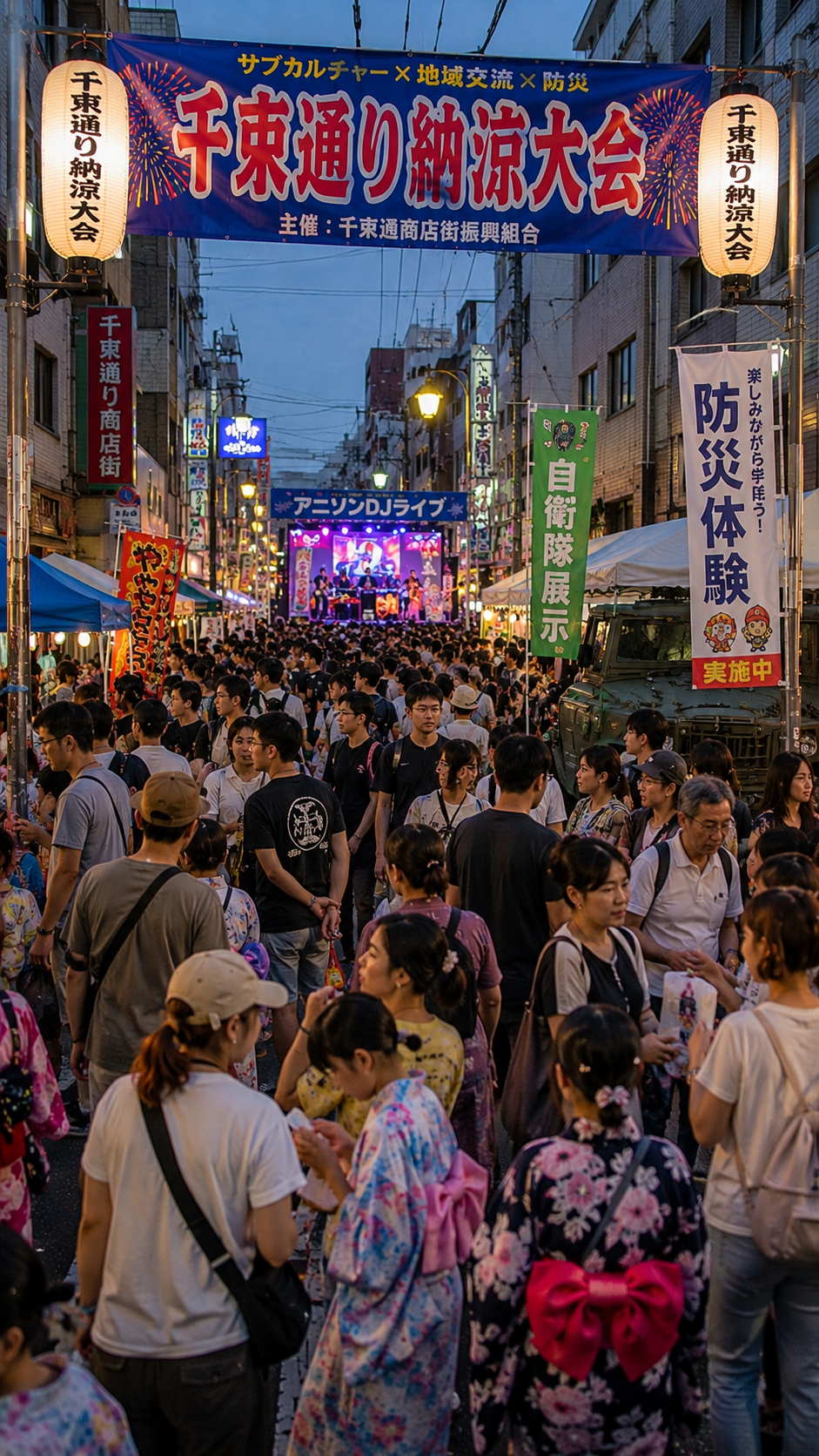 東京都台東区浅草の千束通り商店街で千束通り納涼大会が開催され、大勢の参加者がアニソンやコスプレ、地域イベントを楽しむ夏祭りの風景