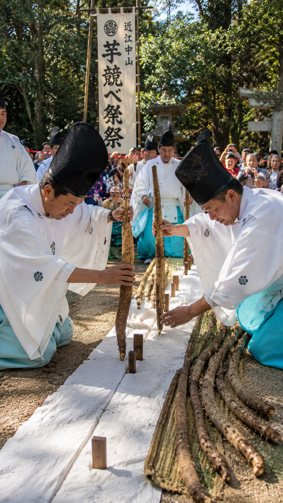 滋賀県日野町中山の熊野神社と野神山祭場で近江中山の芋競べ祭りが行われ、東西の集落が里芋の長さを競べる伝統神事の風景
