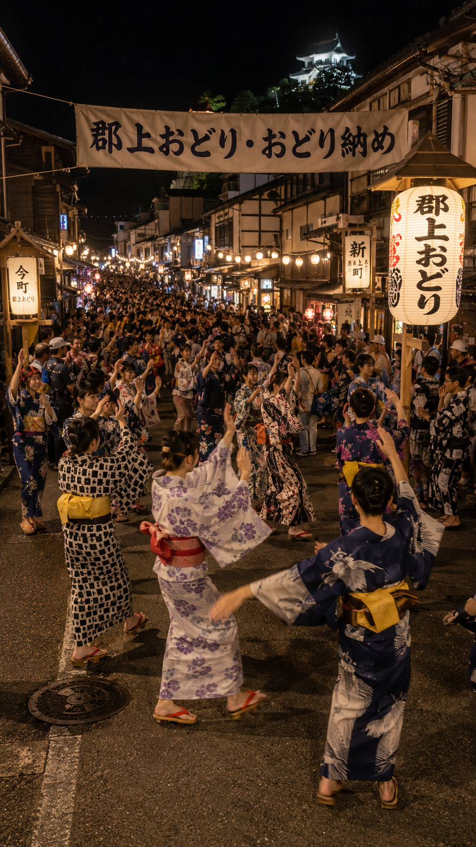 岐阜県郡上市八幡町の郡上おどり・おどり納めで、浴衣姿の大勢の踊り手が新町から今町の通りに集まり、下駄を鳴らして踊る伝統的な盆踊りの風景