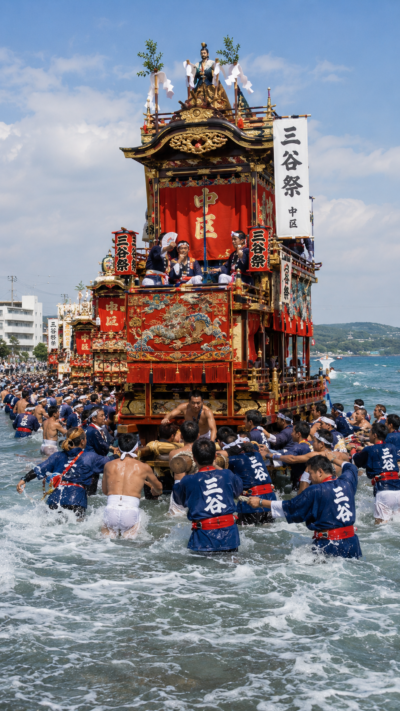 愛知県蒲郡市三谷町で三谷祭が開催され、大勢の氏子が巨大で豪華な山車を曳きながら海の中を進む迫力ある海中渡御の風景