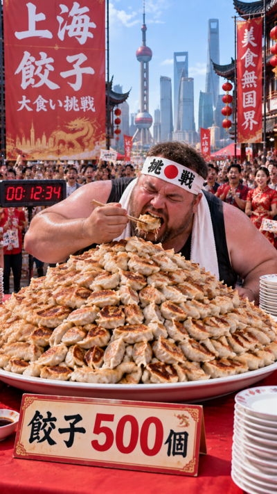 500個の餃子が並ぶ巨大な皿を前に挑戦者が大食いチャレンジに挑む巨大グルメイベントの風景