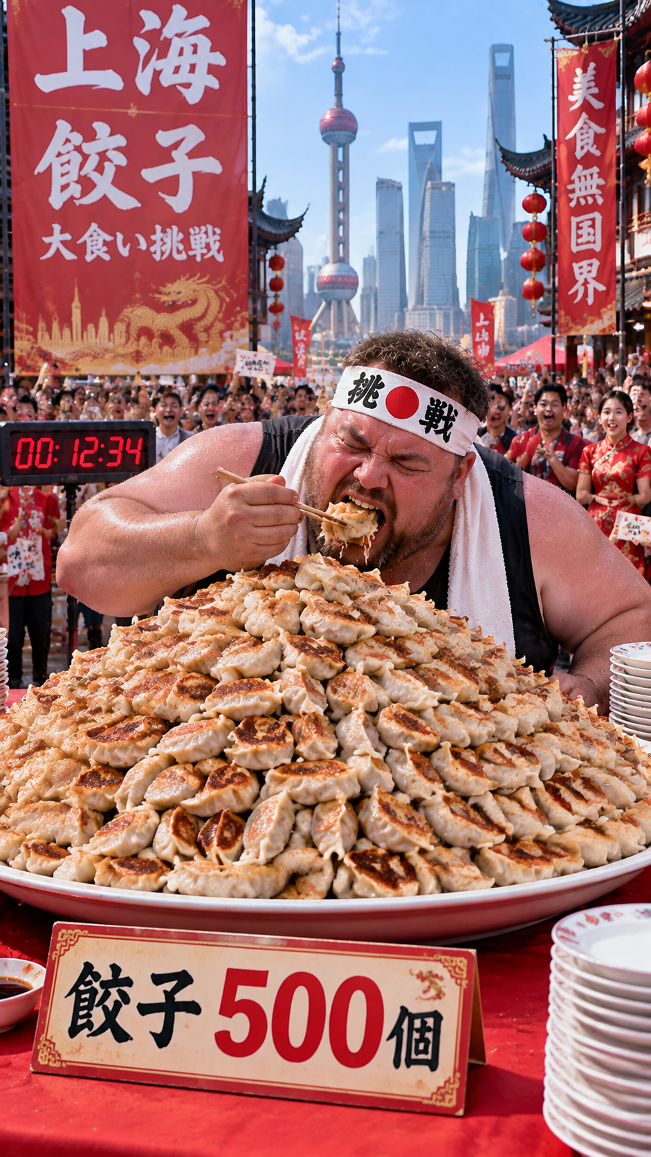 500個の餃子が並ぶ巨大な皿を前に挑戦者が大食いチャレンジに挑む巨大グルメイベントの風景