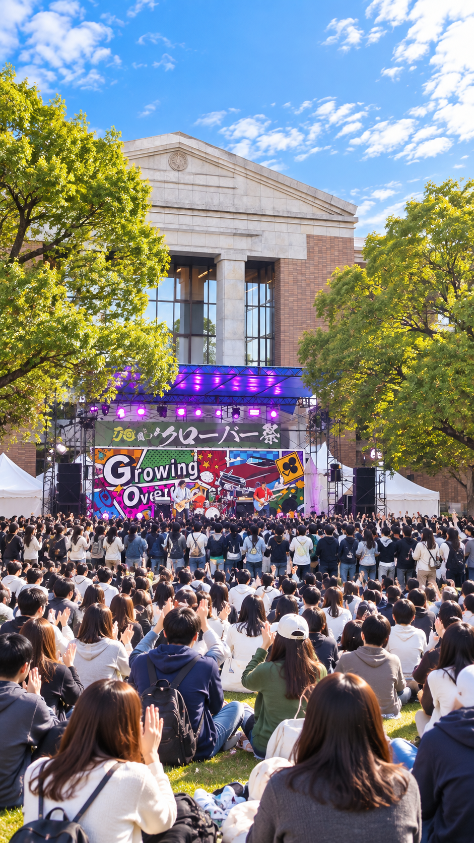 同志社大学京田辺キャンパスで開催される同志社クローバー祭2026のステージと大勢の来場者