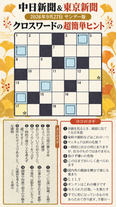 中日新聞＆東京新聞2026年9月27日サンデー版クロスワードの問題と超簡単ヒント