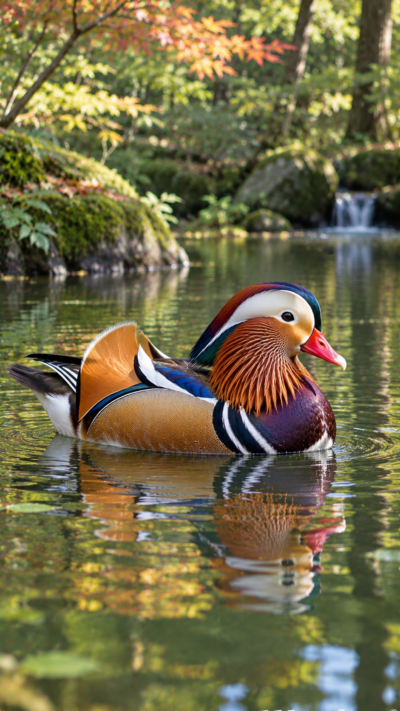 日本の森林に囲まれた静かな池でオシドリのオスが水面を泳ぎ、紫褐色の頭部、白い眉斑、赤橙色のくちばし、赤紫色の胸、青緑色の翼、鮮やかな橙色の銀杏羽を見せる野生の風景
