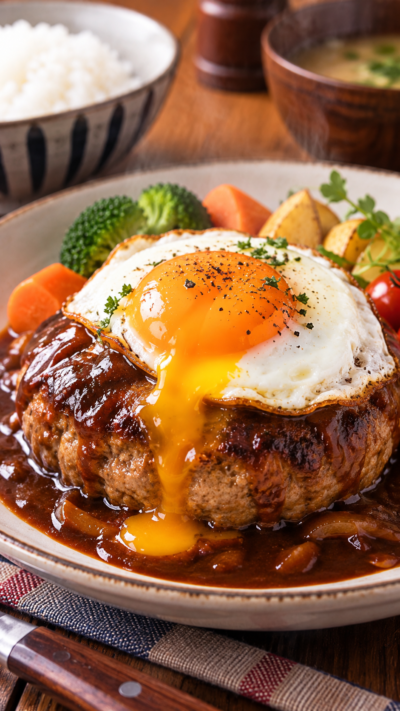 肉汁があふれるジューシーなハンバーグに半熟の目玉焼きをのせた食欲をそそる目玉焼きハンバーグ