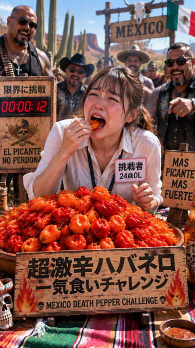 大量のハバネロを前に挑戦者が超激辛一気食いに挑む激辛グルメチャレンジの風景