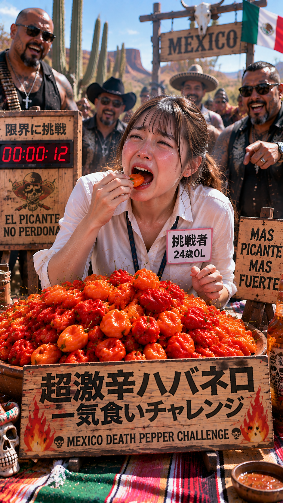 大量のハバネロを前に挑戦者が超激辛一気食いに挑む激辛グルメチャレンジの風景