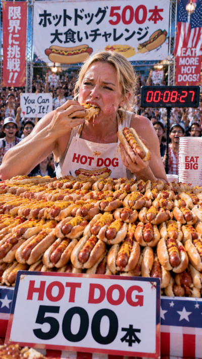 500本のホットドッグが並ぶ巨大なテーブルを前に挑戦者が大食いチャレンジに挑む巨大グルメイベントの風景音声ガイドあり
