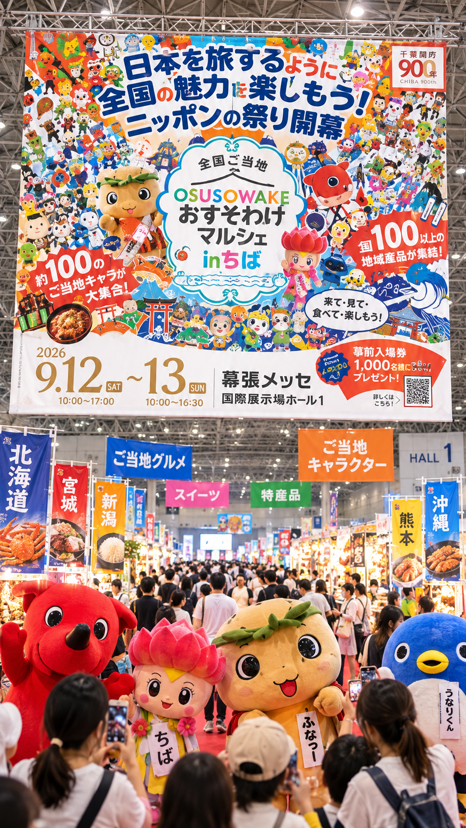 幕張メッセに全国のご当地グルメや特産品、ご当地キャラクターが集まる全国ご当地おすそわけマルシェ in ちばの会場風景