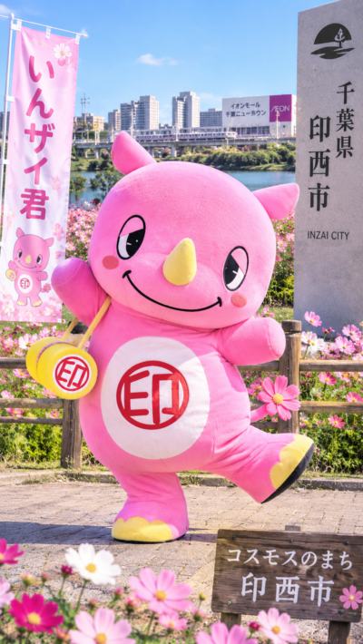 千葉県印西市の公式ご当地キャラクター、コスモス色のピンクのサイ「いんザイ君」