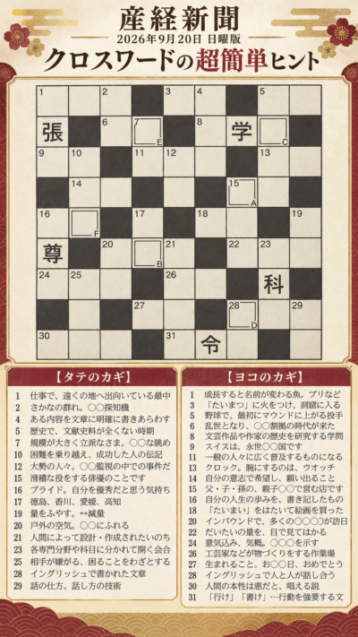 産経新聞2026年9月20日日曜版クロスワードの問題と超簡単ヒント