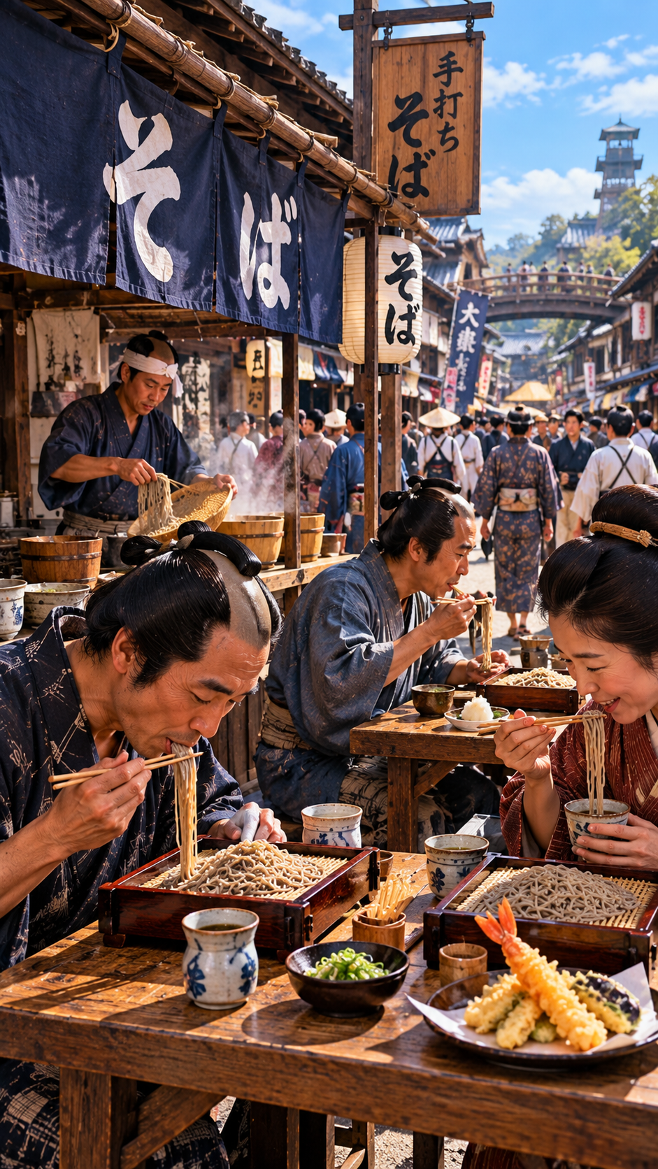 江戸の町の蕎麦屋で庶民が手打ち蕎麦を味わい店先に湯気が立ち上る昼食風景