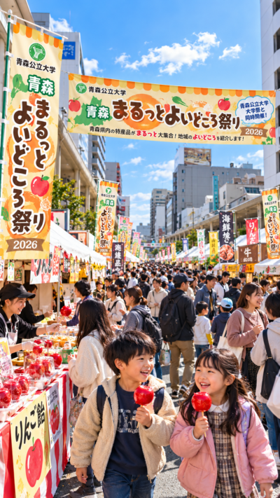 青森公立大学で開催される青森まるっとよいどころ祭り2026で、青森県内各地の特産品やグルメが並び、多くの来場者が買い物や地域PRを楽しむ会場風景