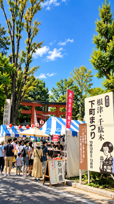 根津神社境内に模擬店やテントが並び、多くの来場者で賑わう根津・千駄木下町まつり2026の会場風景