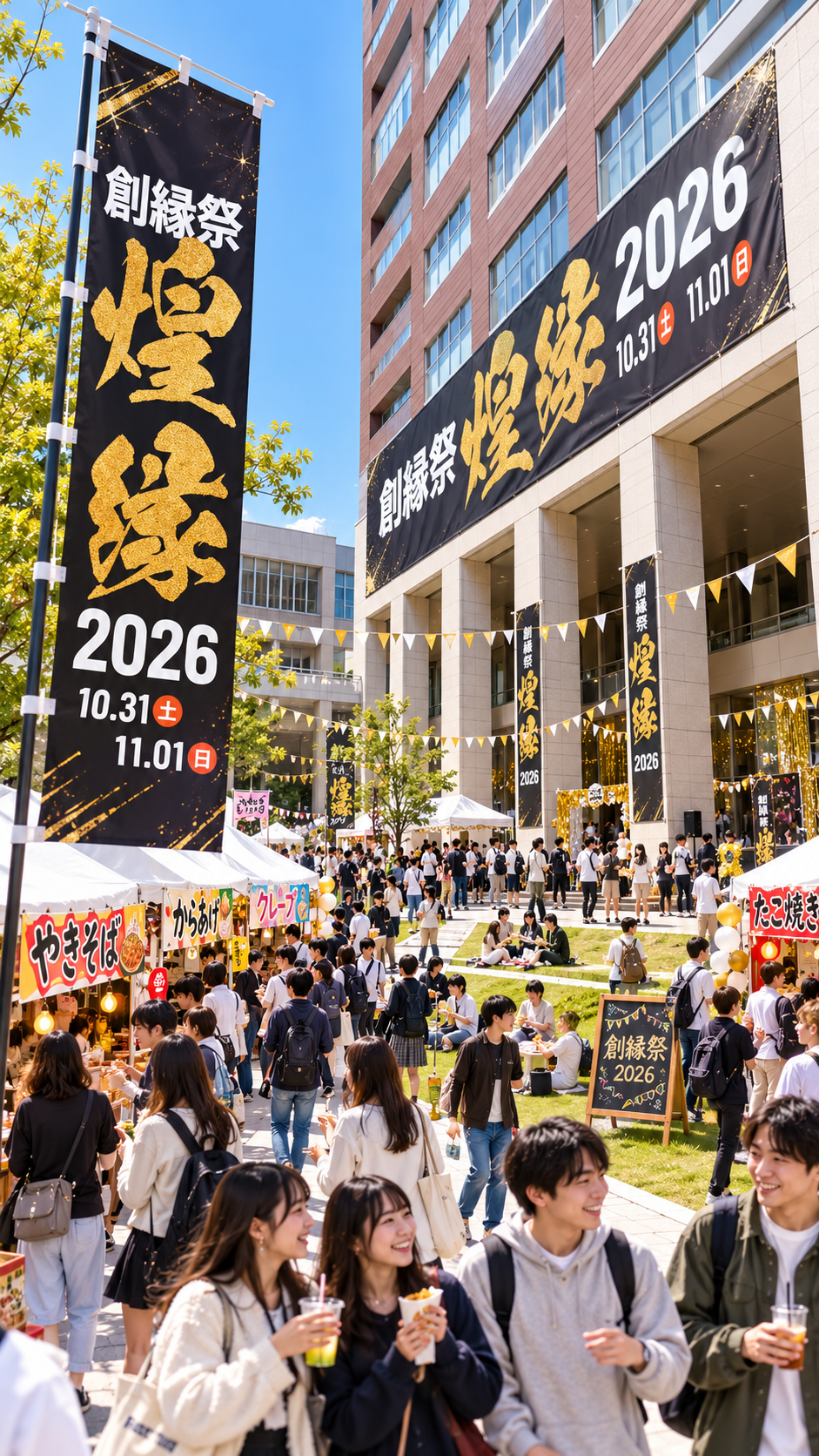 東京都千代田区の二松学舎大学九段キャンパスで開催される創縁祭2026で、学生による模擬店や企画が並び多くの来場者でにぎわう学園祭の風景