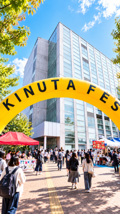 日本大学商学部に学生によるステージや模擬店が並び多くの来場者で賑わう日本大学砧祭の風景