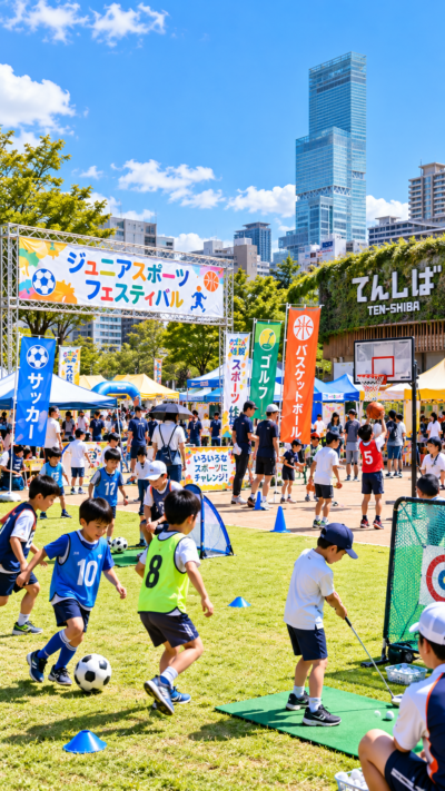 大阪府大阪市の天王寺公園てんしばでジュニアスポーツフェスティバルが開催され、子どもたちがサッカーやゴルフ、バスケットボールなどさまざまなスポーツ体験を楽しみ、多くの家族で賑わう秋のスポーツイベントの風景