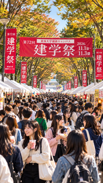 神奈川県平塚市の東海大学湘南キャンパスで開催される建学祭2026で、模擬店やステージが並び多くの学生や来場者でにぎわう大学祭の風景