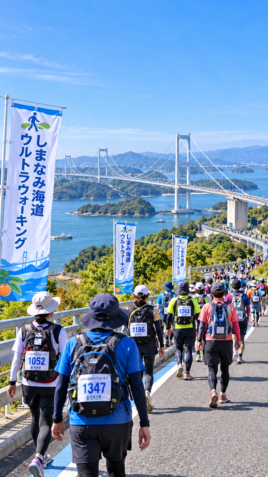 広島県尾道市から愛媛県今治市までしまなみ海道の島々と橋を歩く第12回しまなみ海道ウルトラウォーキングの参加者の風景