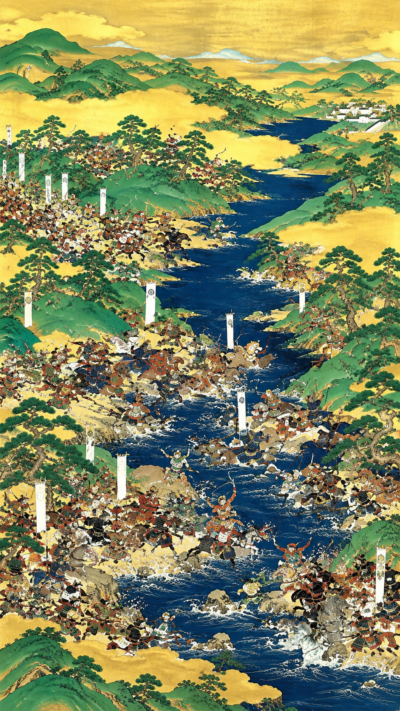 1578年の耳川の戦いで、川を挟んで島津軍と大友軍が激突する様子を描いた日本の歴史的な合戦図