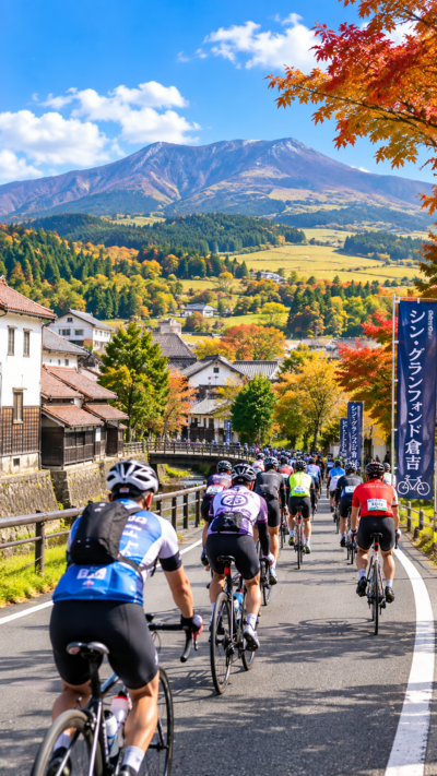 鳥取県倉吉市を舞台にシン・グランフォンド倉吉が開催され、サイクリストが倉吉から蒜山や鏡ヶ成方面へ向かう約88kmのコースを走る秋のサイクルイベントの風景