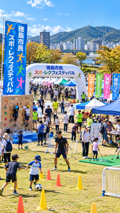 徳島市内の各会場で徳島市民スポ・レクフェスティバルが開催され、さまざまなスポーツやレクリエーションを楽しむ市民で賑わう秋のスポーツイベントの風景