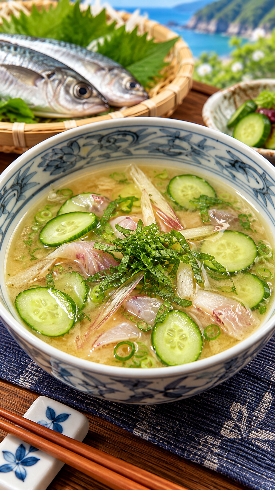 千葉県・房総地域に伝わる郷土料理、新鮮な魚を味噌や薬味と合わせて水で仕上げる水なます