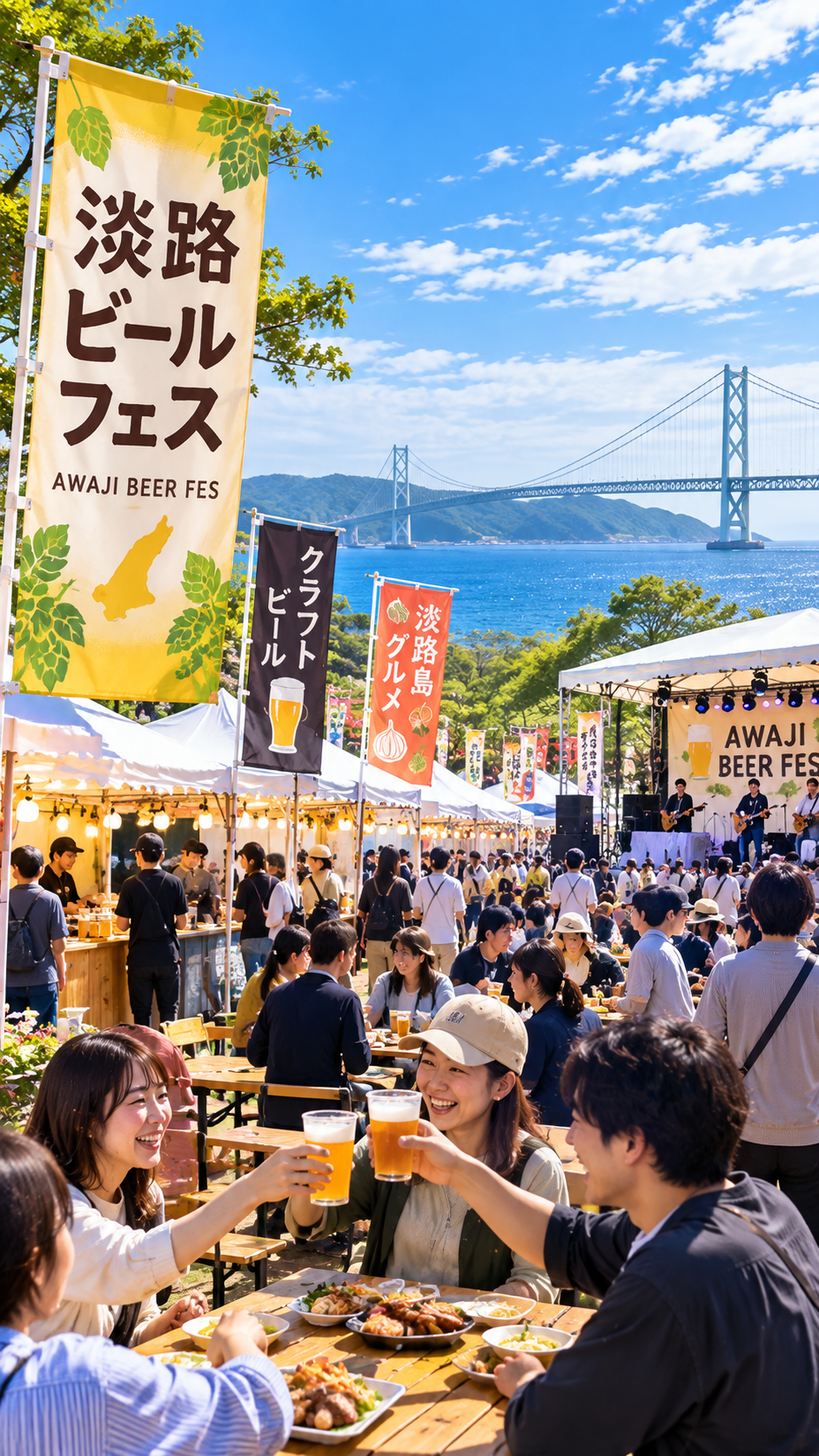 淡路島で淡路ビールフェスが開催され、クラフトビールや淡路島グルメのブースが並び、多くの来場者がビールと料理を楽しむ秋のイベントの風景