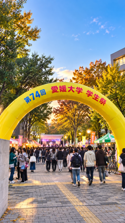 愛媛県松山市の愛媛大学城北キャンパスで愛媛大学祭が開催され、学生によるステージや模擬店、音楽ライブ、展示などが並び、多くの来場者で賑わう秋の大学祭の風景