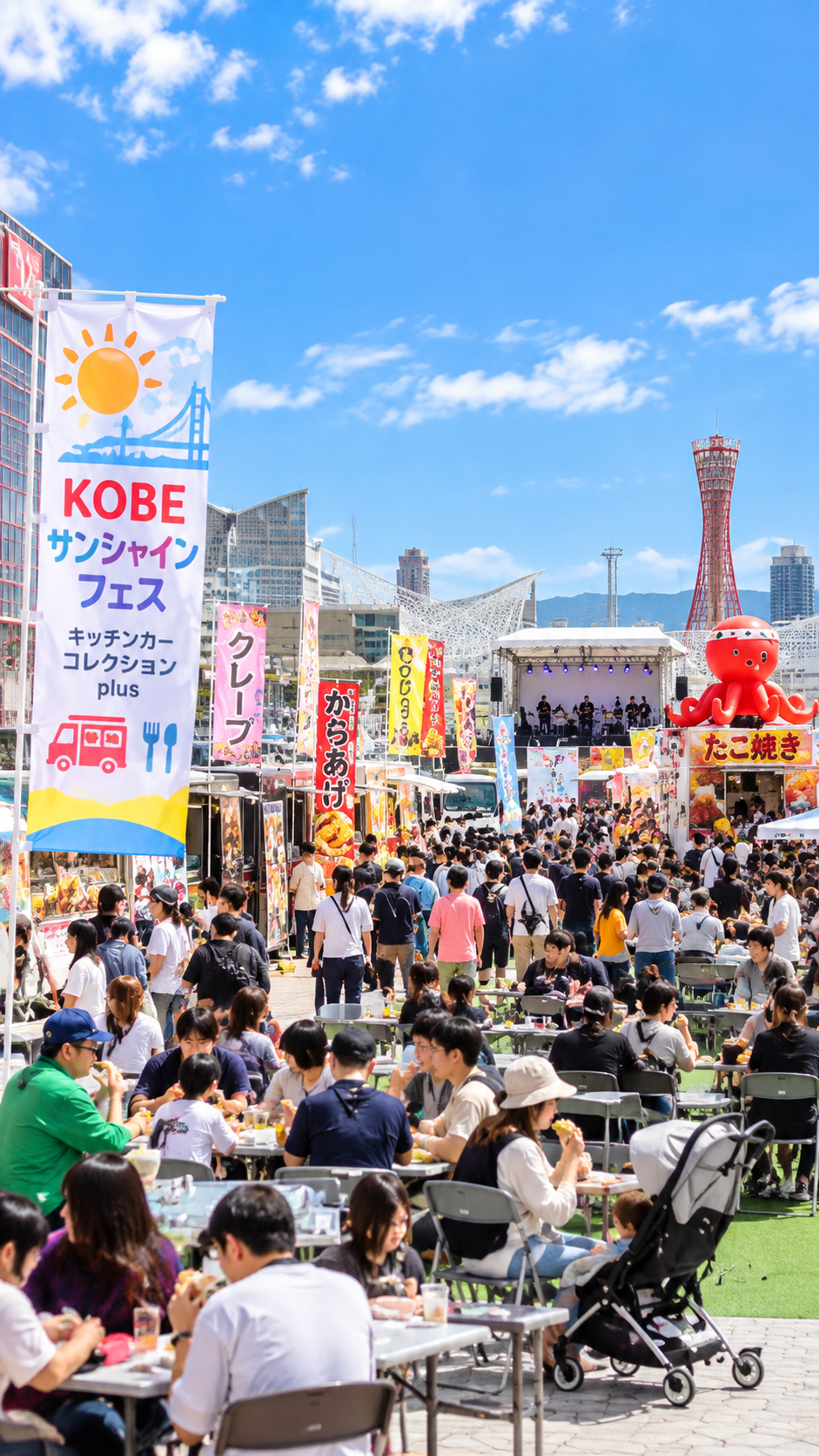 神戸でKOBEサンシャインフェス～キッチンカーコレクションplus～が開催され、さまざまなキッチンカーや飲食ブースが並び、多くの来場者がグルメやステージを楽しむイベントの風景