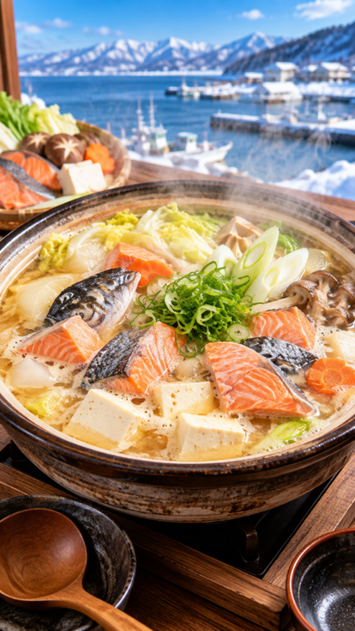 北海道・石狩地方に伝わる郷土料理、鮭と野菜を味噌仕立ての汁で煮込んだ石狩鍋