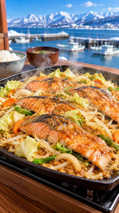 北海道に伝わる郷土料理、鮭と野菜を味噌仕立てのタレで焼き上げるちゃんちゃん焼き