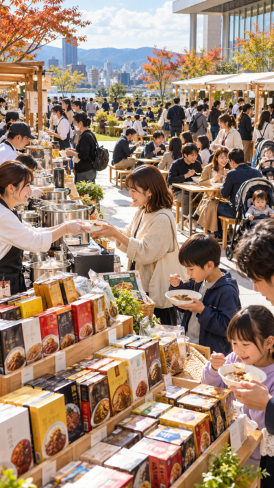 広島県広島市のminamoaソラモア広場でレトルトカレーマニアが開催され、全国各地のレトルトカレーが並び、多くの来場者がカレーの食べ比べを楽しむ秋のグルメイベントの風景