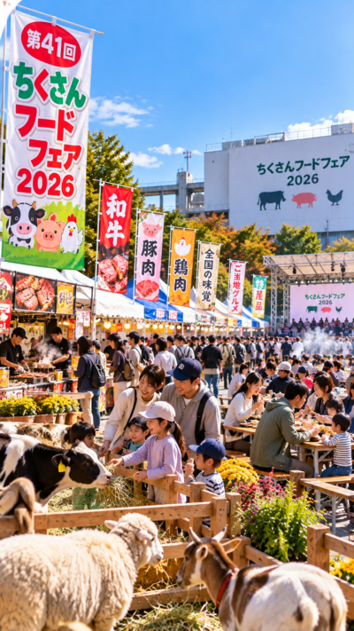 川崎市の会場に肉や全国各地のグルメを扱うブースが並び多くの来場者で賑わう第41回ちくさんフードフェア2026の風景