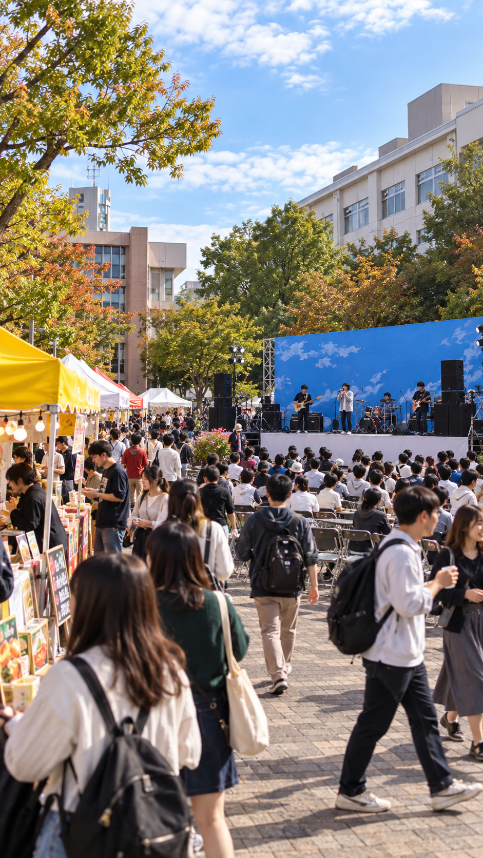 島根県松江市の島根大学松江キャンパスで淞風祭が開催され、学生による模擬店やステージ、音楽ライブ、展示などが並び、多くの来場者で賑わう秋の大学祭の風景