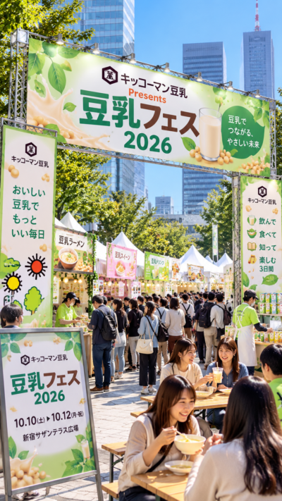 新宿サザンテラス広場に豆乳グルメを扱う店舗やブースが並び多くの来場者で賑わうキッコーマン豆乳 Presents 豆乳フェス2026の風景
