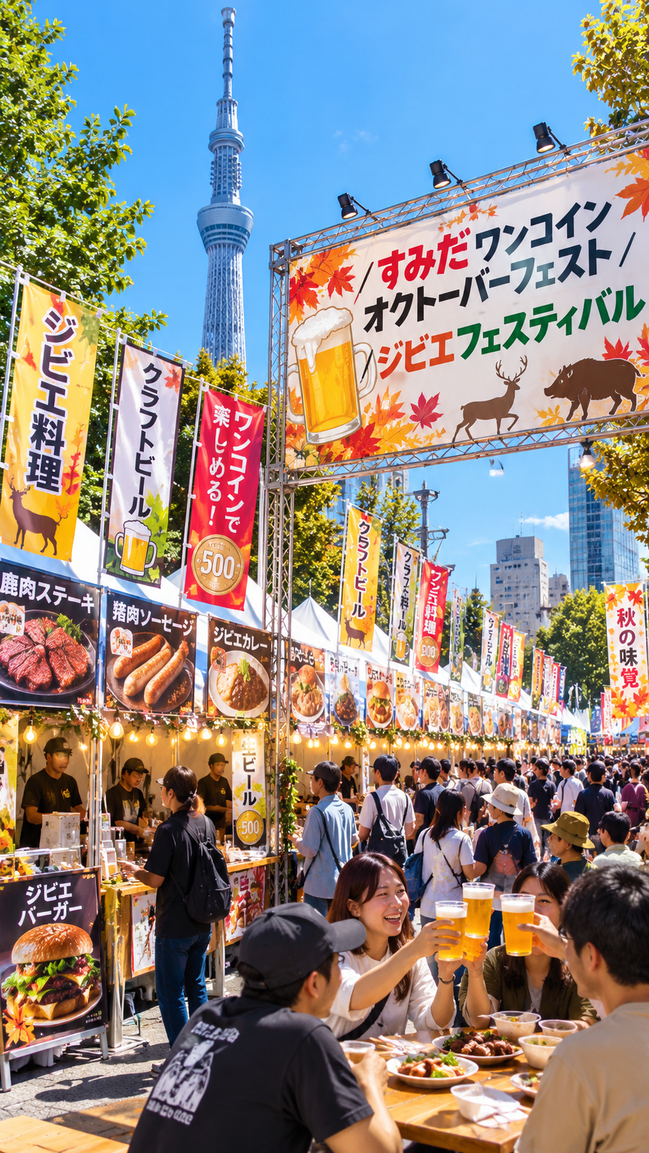 墨田区の会場にビールやジビエ料理などの飲食ブースが並び来場者が秋のグルメを楽しむすみだワンコインオクトーバーフェスト／ジビエフェスティバルの風景