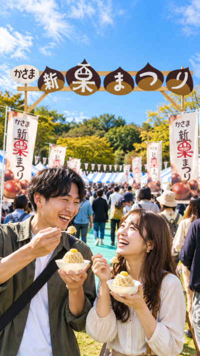 茨城県笠間市の笠間芸術の森公園で開催されるかさま新栗まつり2026で、生栗や焼き栗、モンブランなどの栗スイーツを多くの来場者が楽しむ秋の会場風景